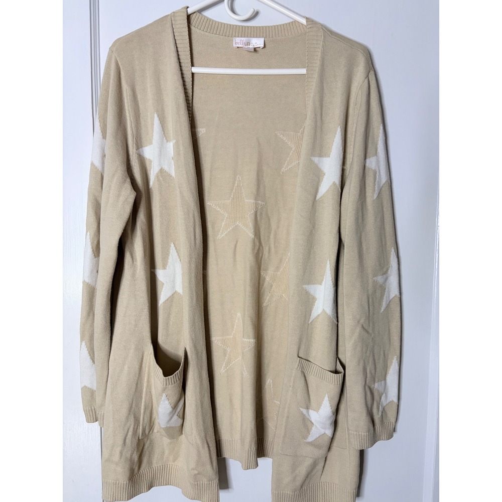Belle by Kim Gravel Womens Star Print Open Front Cardigan Sweater Tan Beige M